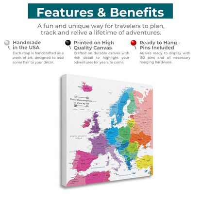 Colorful Europe push pin travel map canvas features and benefits infographic angled view