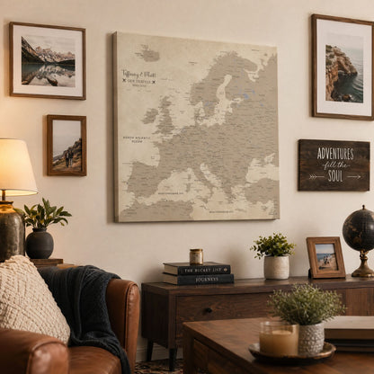 Vintage Europe travel map canvas with pins displayed in cozy living room gallery wall setting