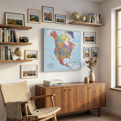 Personalized Blue Oceans North America travel map canvas displayed in cozy travel-themed home office