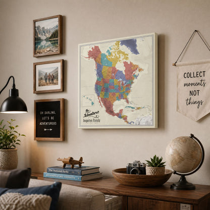 Personalized North America push pin travel map gallery wrapped canvas displayed in cozy travel-themed living room