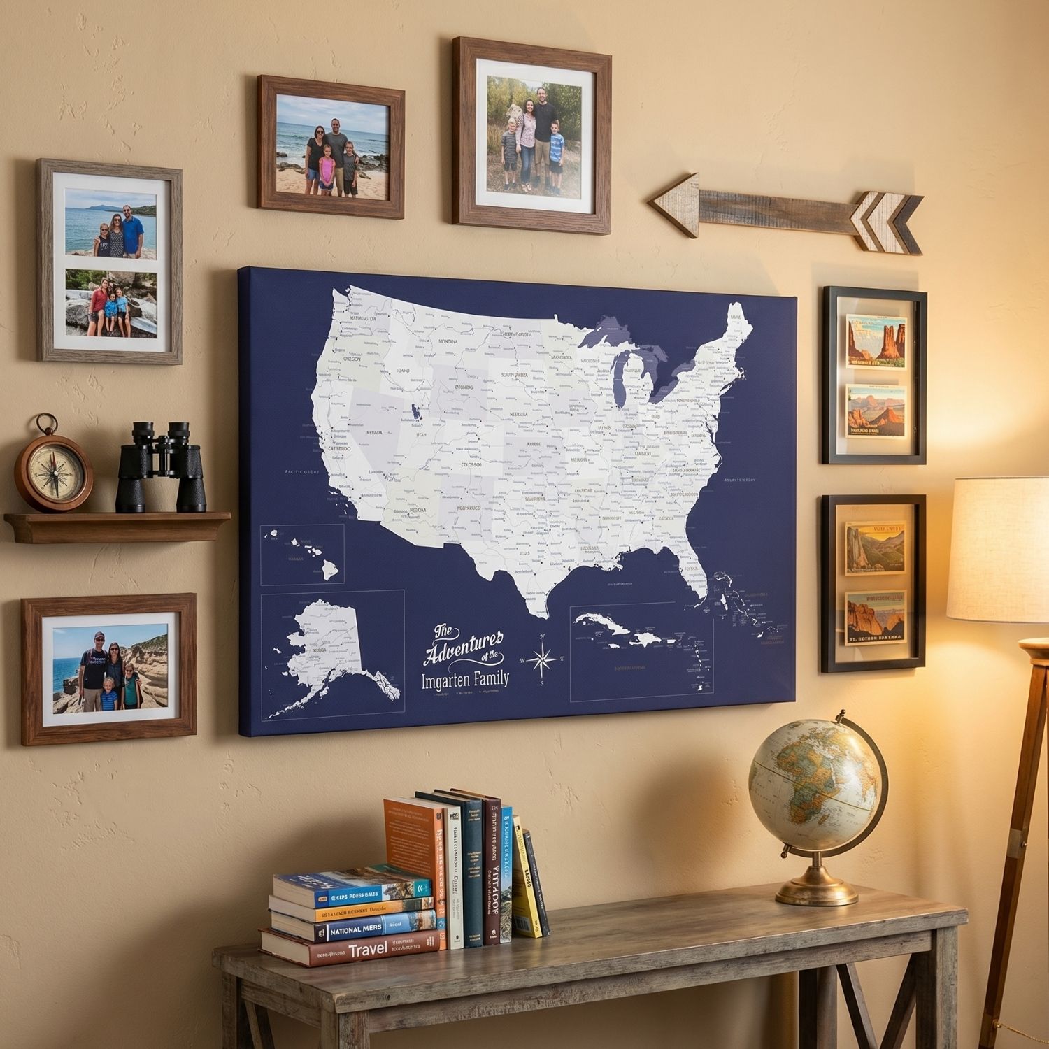 Navy blue USA Caribbean canvas travel map gallery wrapped hanging in cozy home office with travel decor