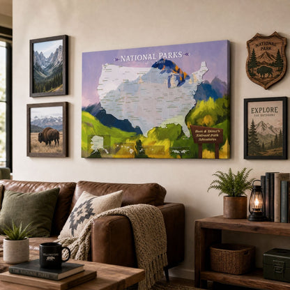 Gallery Wrapped - National Parks Watercolor Travel Map with pins