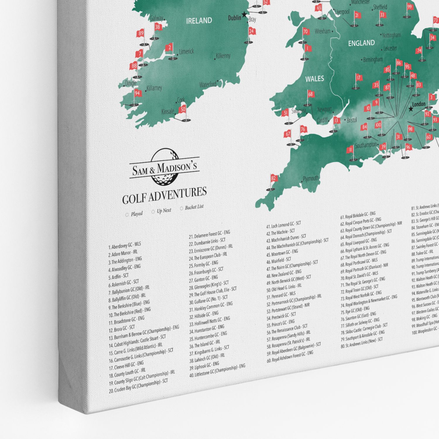 Gallery Wrapped - The UK and Ireland Golf Courses Travel Map with Pins