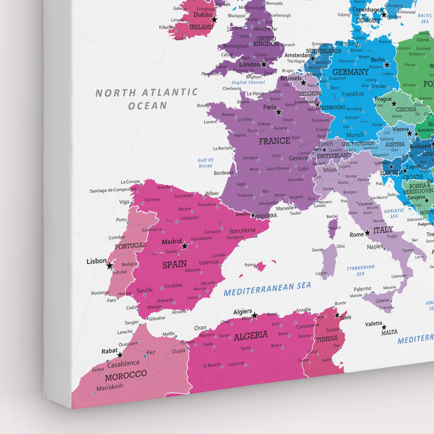 Colorful Europe travel map canvas gallery wrap showing Western Europe countries cities pins