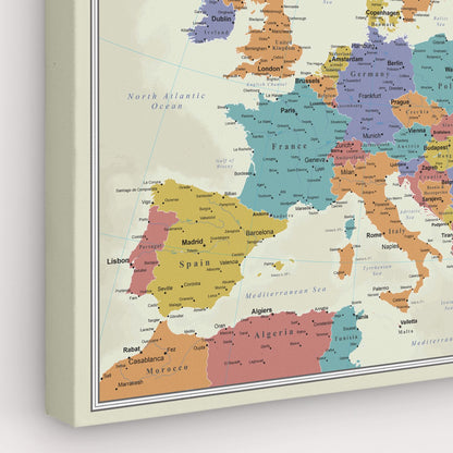 Close-up corner view of gallery wrapped canvas Europe travel map with tan oceans and colorful countries