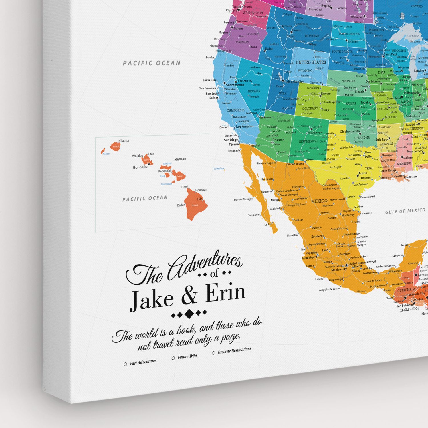 Personalized colorful North America travel map canvas with custom names Jake and Erin