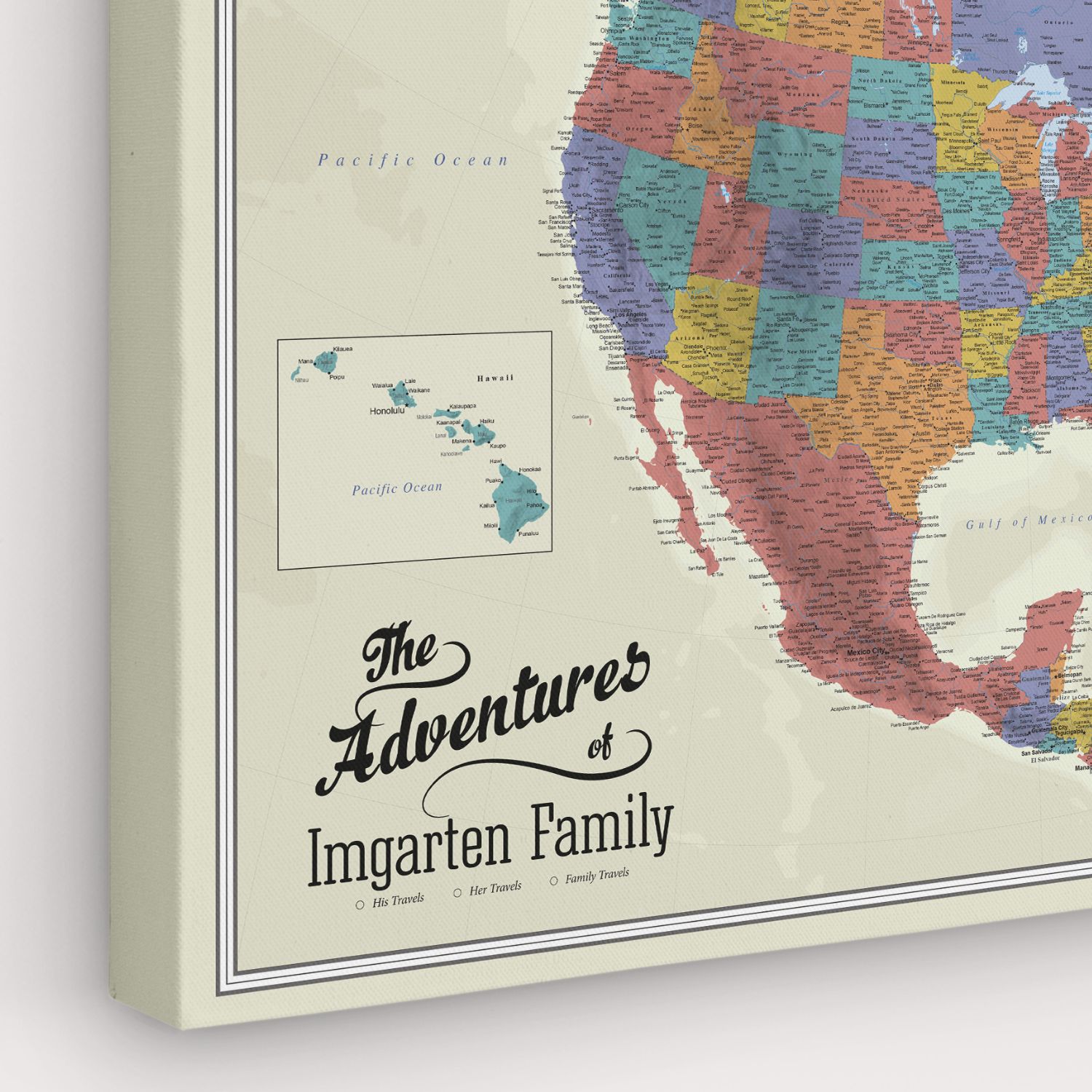 Personalized canvas North America travel map with tan ocean tones and colorful detailed states