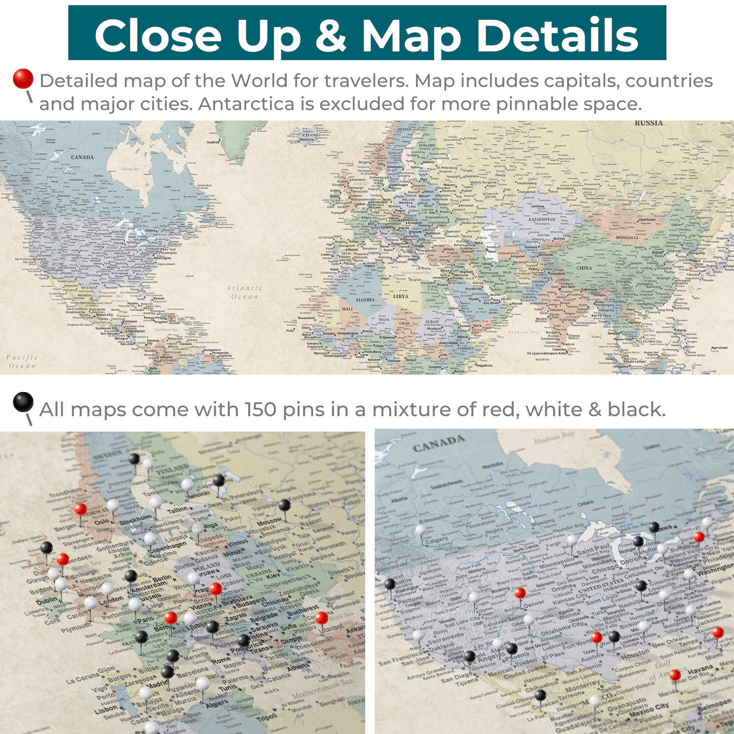 Close up and map details for Gallery Wrapped Sandy Dreams World Map 