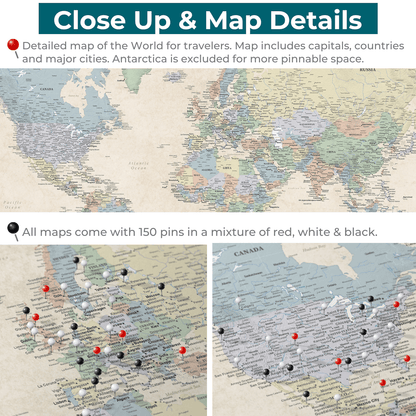 Close up and map details for Gallery Wrapped Sandy Dreams World Map 