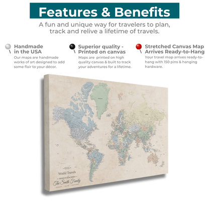 Features & benefits of Sandy dreams world map with pins