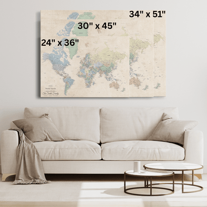 size comparison for gallery wrapped sandy dreams world map