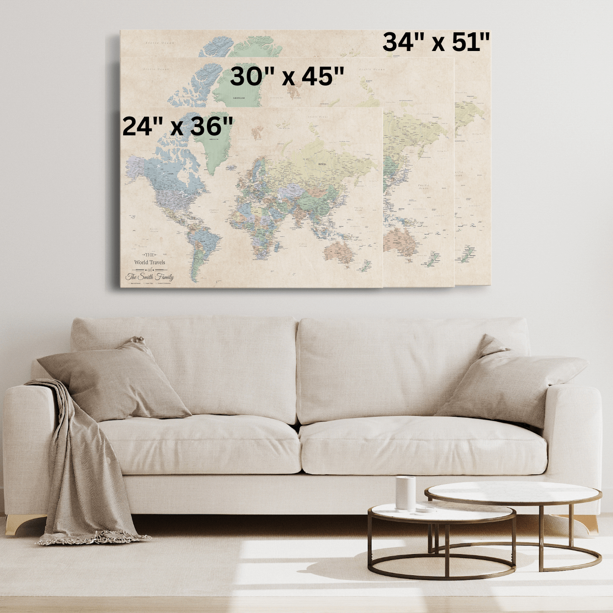 Gallery Wrapped - Vintage World Push Pin Travel Map with pins