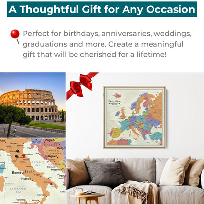 Personalized Europe push pin travel map canvas gift displayed above living room sofa with red bow