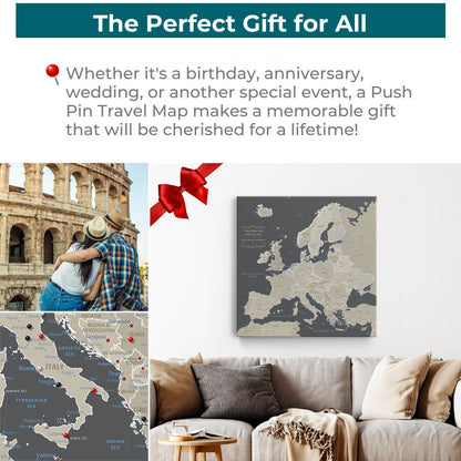 Earth toned Europe push pin travel map canvas displayed above cozy living room sofa