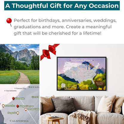 Gallery Wrapped - National Parks Watercolor Travel Map with pins
