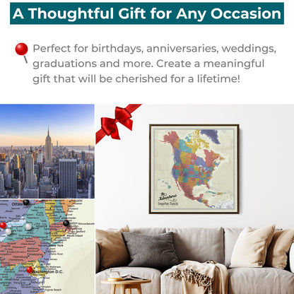 Framed tan oceans North America push pin travel map displayed as thoughtful gift idea