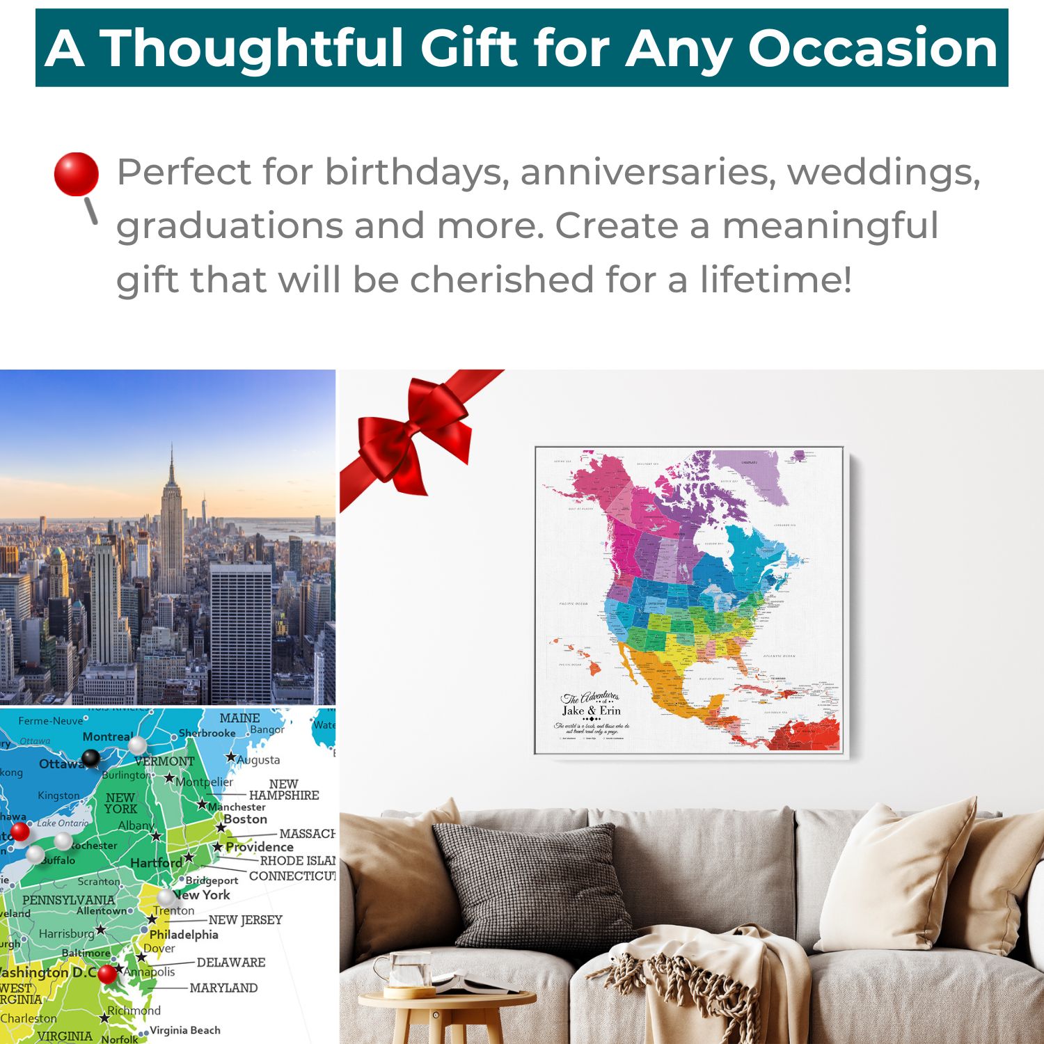 Colorful North America travel map with pins displayed above living room sofa as thoughtful gift