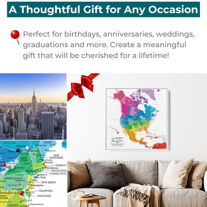 Colorful North America travel map with pins displayed above living room sofa as thoughtful gift