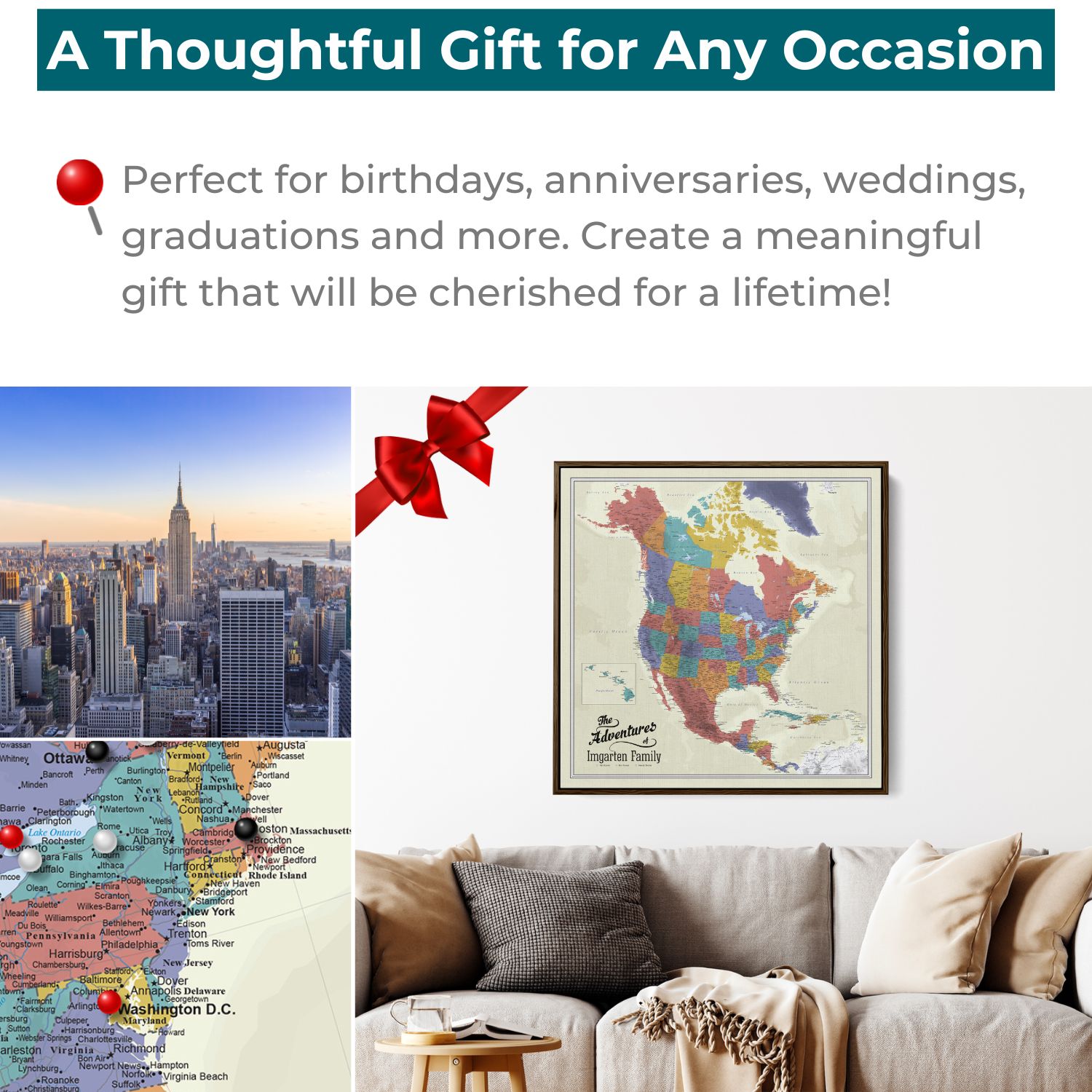 Personalized North America push pin travel map canvas gift displayed above living room sofa