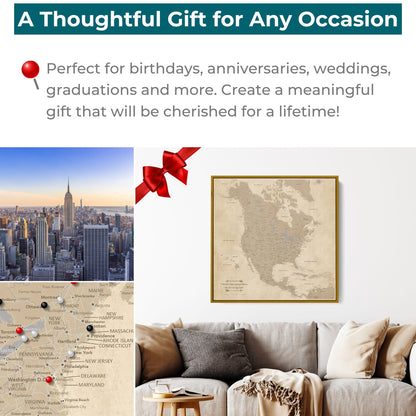 Vintage North America travel map with pins displayed above living room sofa, thoughtful gift occasion promotional graphic