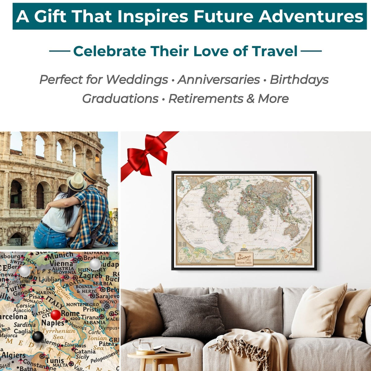 Gallery Wrapped - Executive World Travel Map with pins