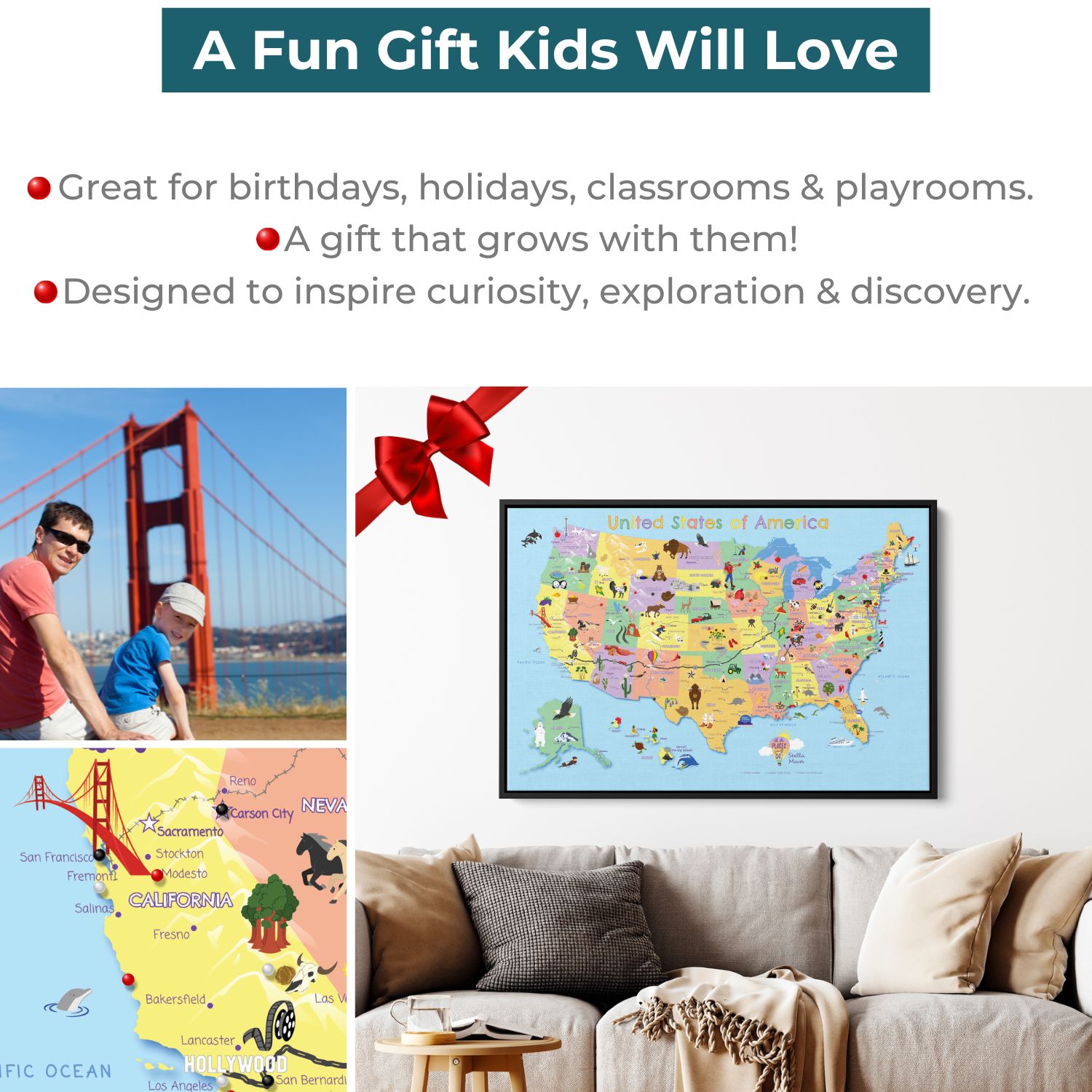 Canvas - Kids USA Travel Map with pins