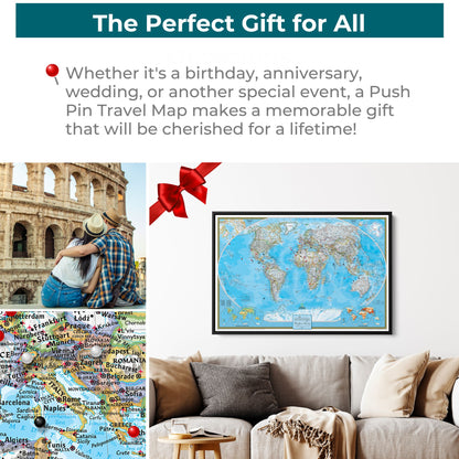Framed classic world push pin travel map displayed above living room sofa perfect gift