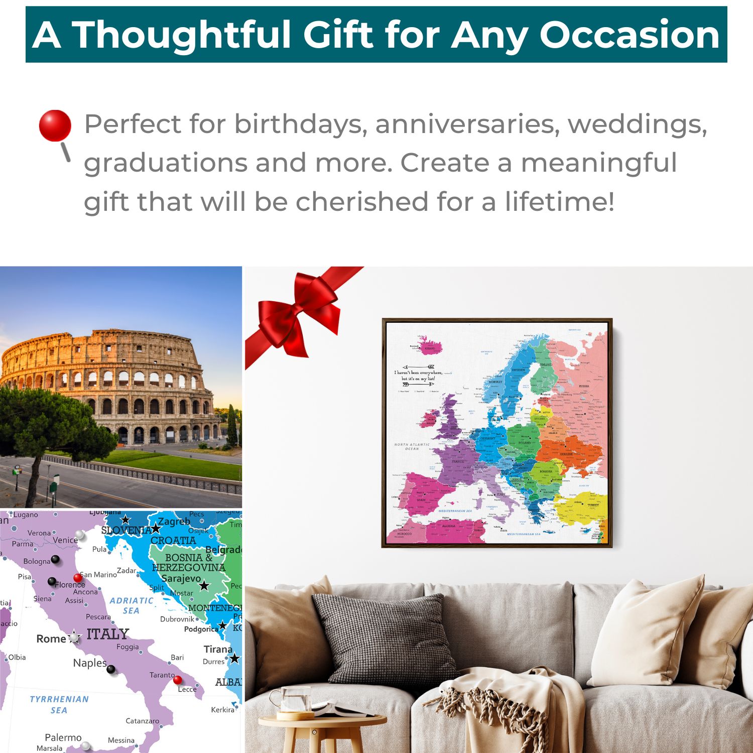 Colorful Europe travel map with pins displayed above living room sofa, shown as thoughtful gift idea with red bow and Rome landmark inset