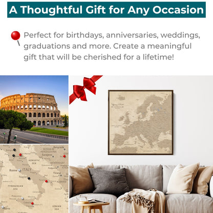 Vintage Europe travel map with pins displayed above living room sofa, shown as thoughtful gift idea
