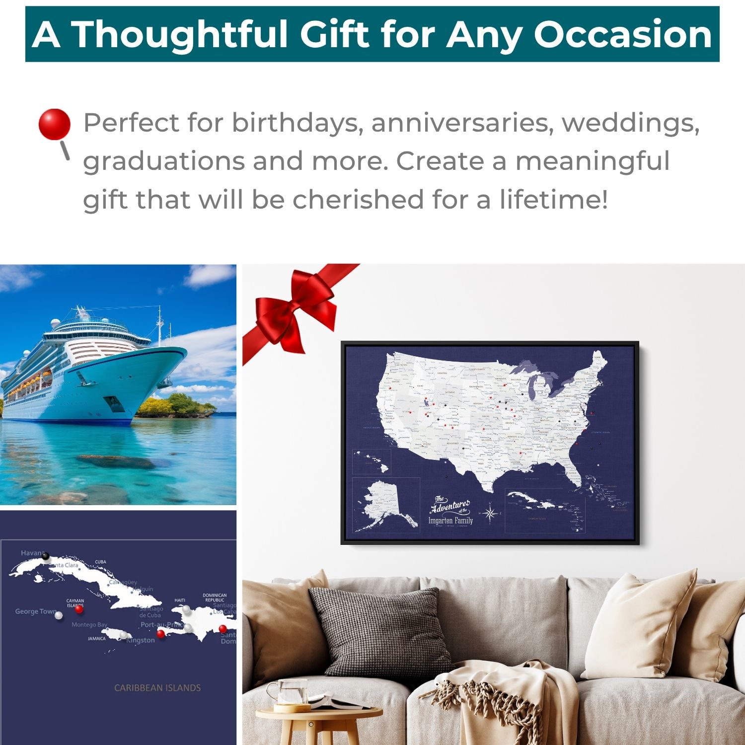 Navy Explorers USA Caribbean travel map framed wall art gift idea with red bow