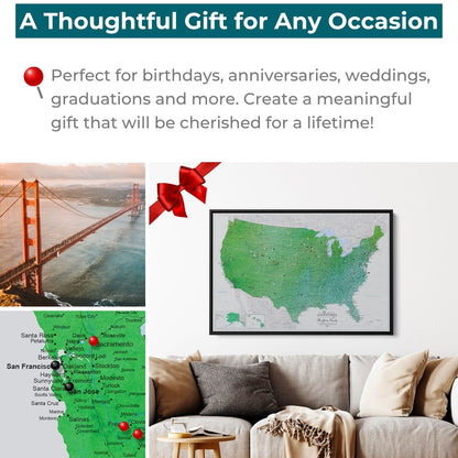 Enchanting Emerald Watercolor US Travel Map with pins displayed as thoughtful gift for any occasion
