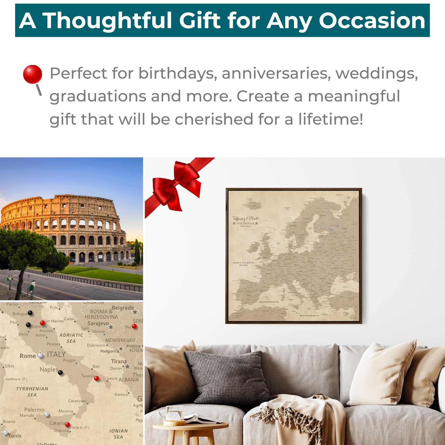 Vintage Europe travel map canvas gift idea displayed over couch with red bow and Rome landmark collage