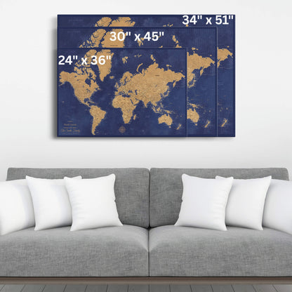 Gallery Wrapped - Gold & Navy World Travel Map with pins
