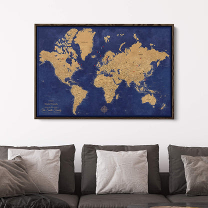 Canvas - Gold & Navy World Travel Map with pins