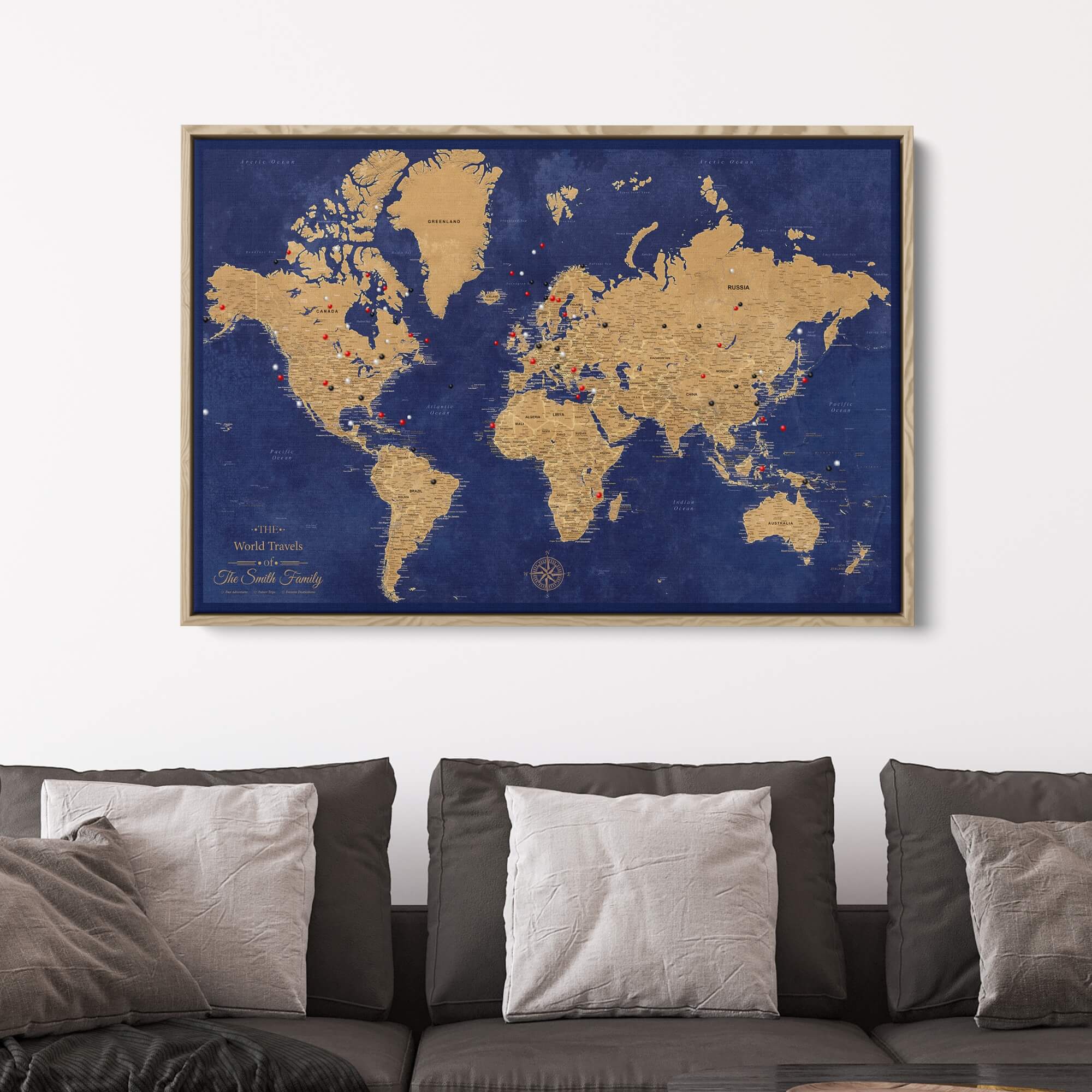 Canvas - Gold & Navy World Travel Map with pins