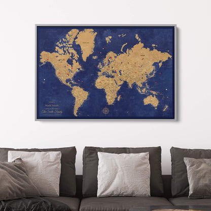 Canvas - Gold & Navy World Travel Map with pins