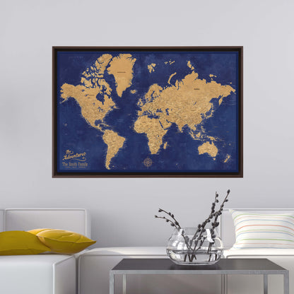 Gold and navy world map with pins in Brown Float Mount Frame