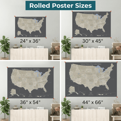Earth Toned USA National Park Map Poster Size Comparison