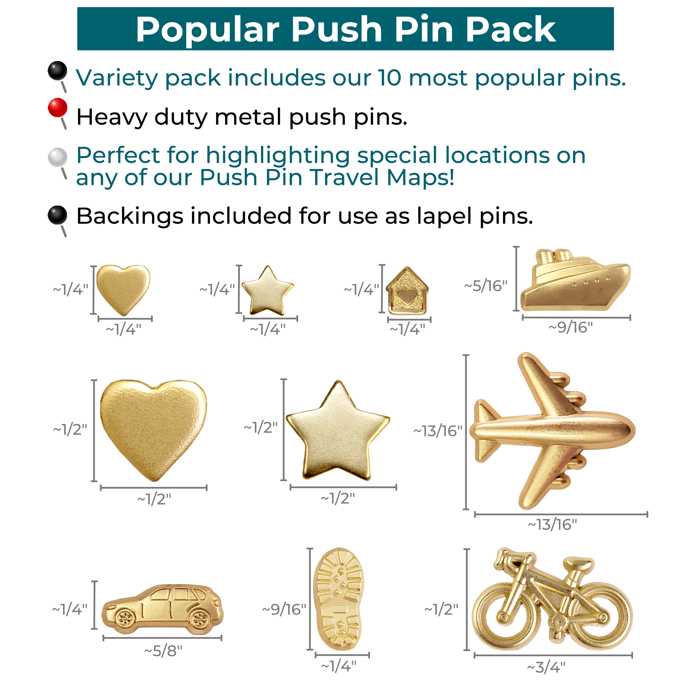 Set of 10 Assorted Pins Info - Gold