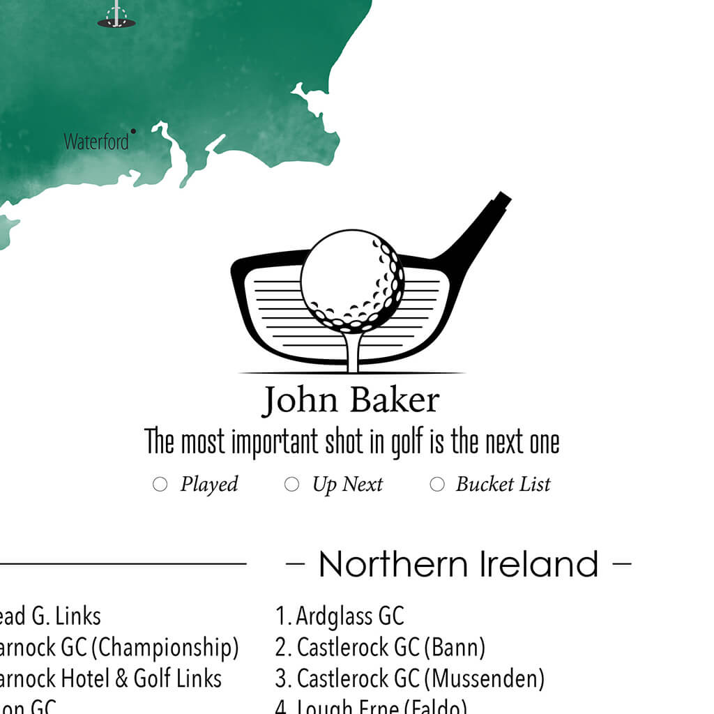 Closeup of Personalization Layout and Location on Ireland&#39;s Top Golf Courses Map