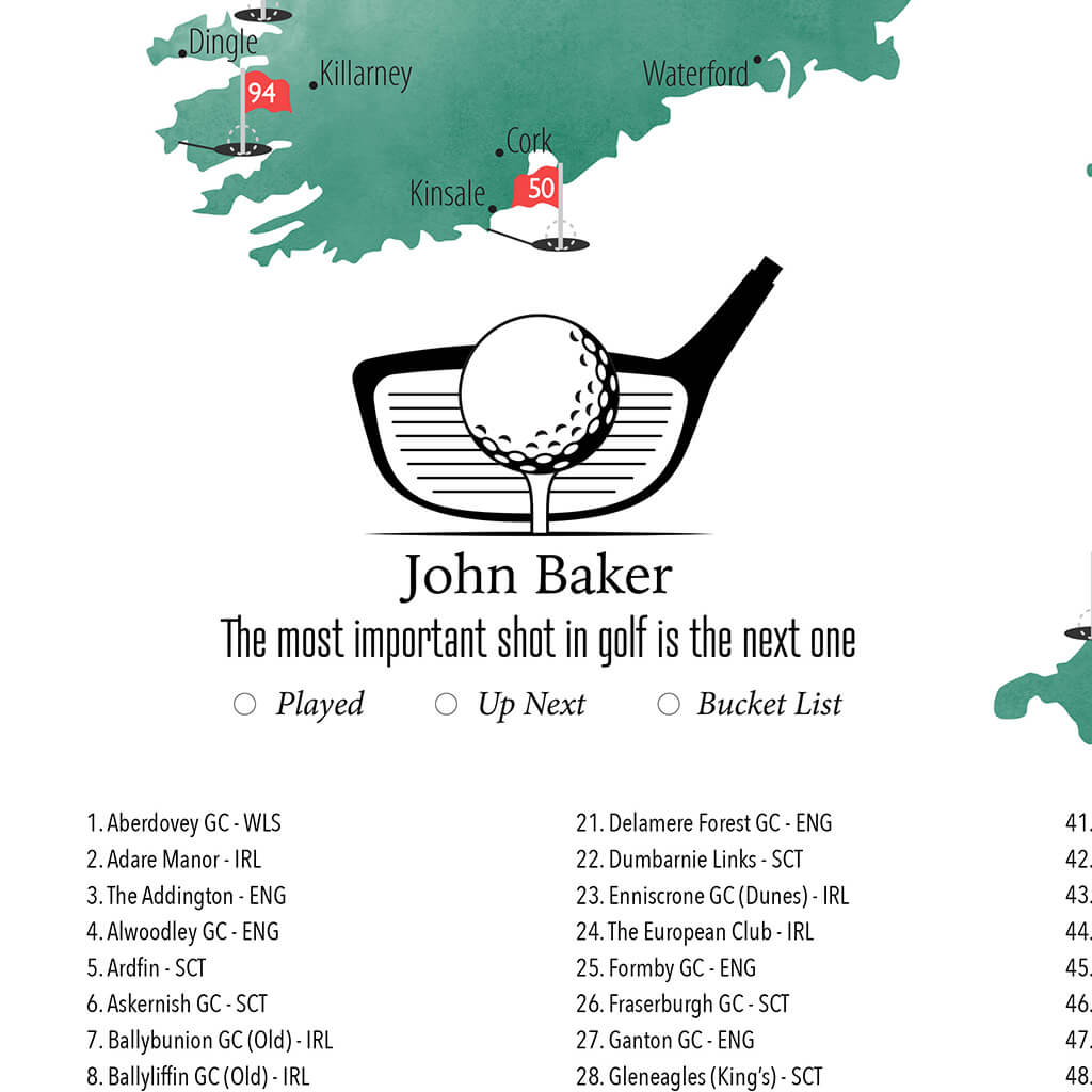 Closeup of Personalization Layout and Location on The UK and Ireland&#39;s Top Golf Courses Map