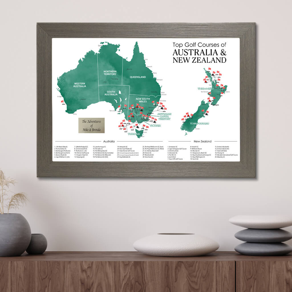 Australian and New Zealand Golf Courses Map in Barnwood Gray Frame