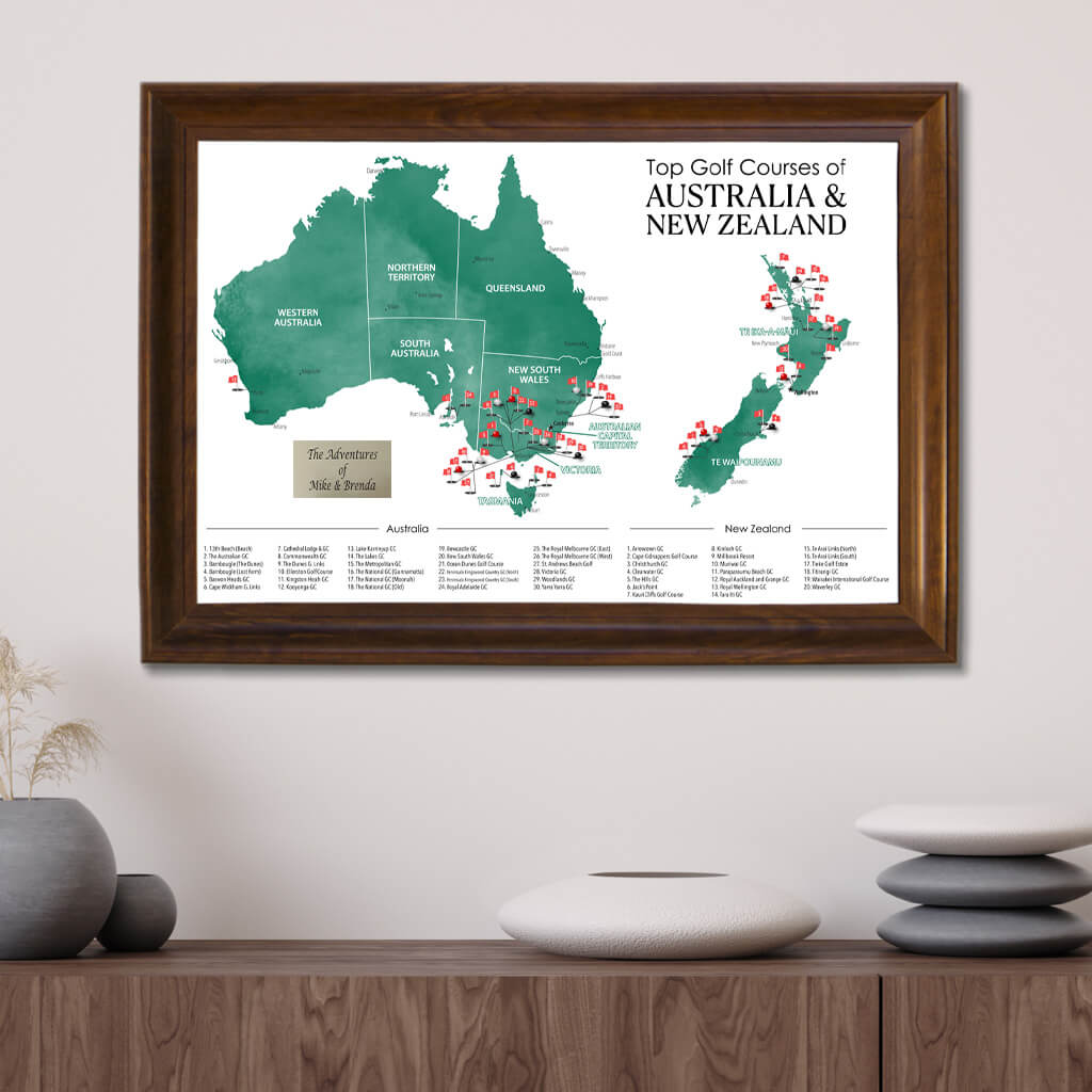 Top 40 Golf Courses in New Zealand and Australia Travel Map in Brown Frame