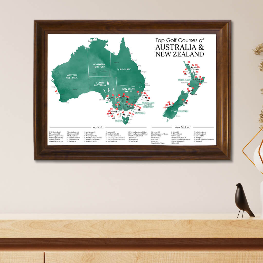 Top Golf Courses of Australia and New Zealand Canvas Push Pin Map in Brown Frame