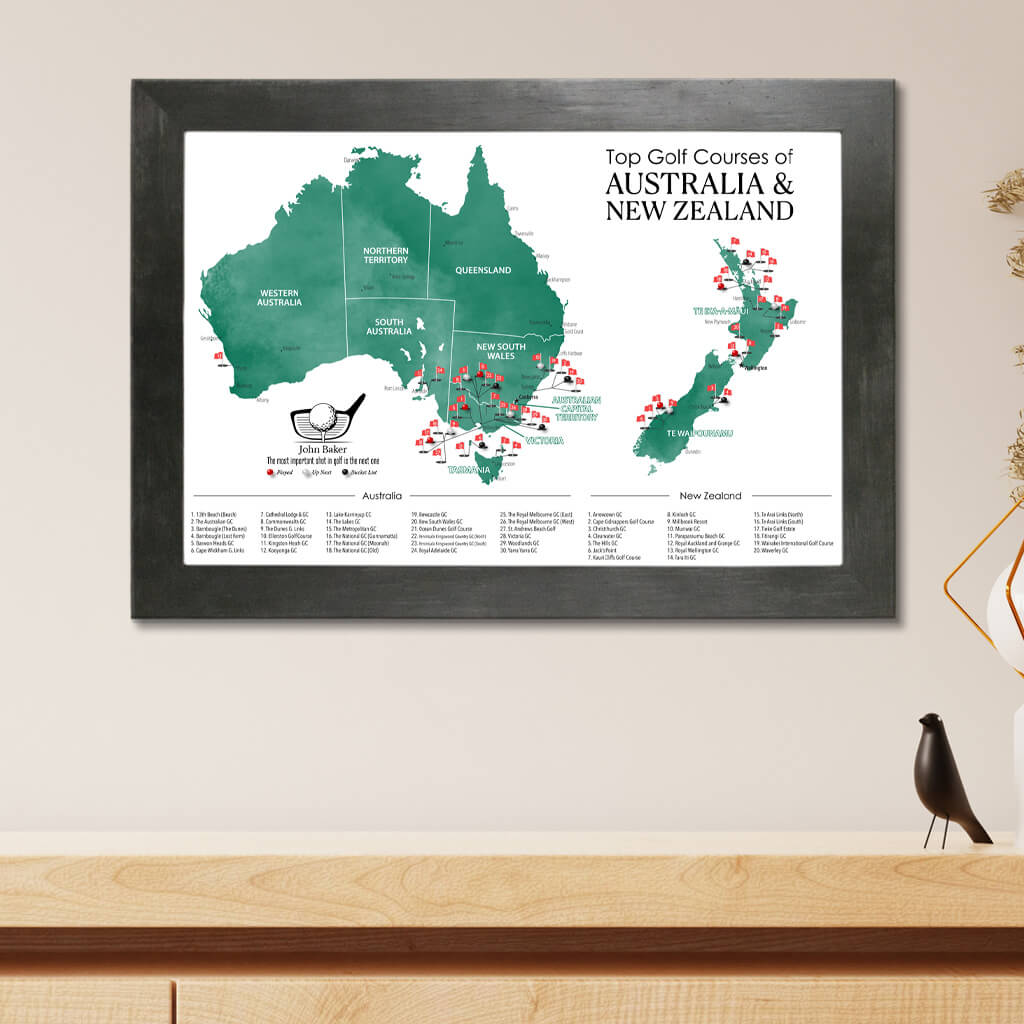 Top Golf Courses of Australia and New Zealand Canvas Push Pin Map in Rustic Black Frame