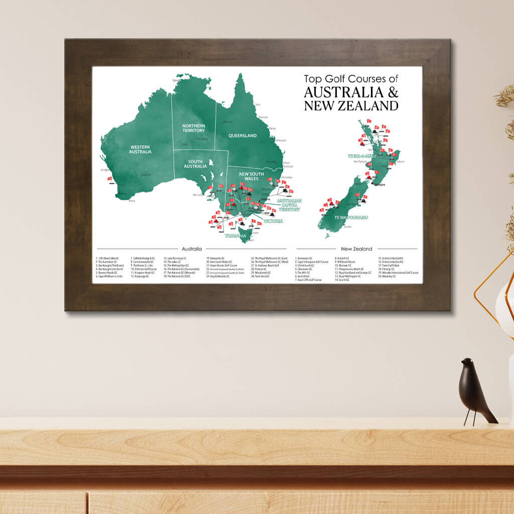 Top Golf Courses of Australia and New Zealand Canvas Push Pin Map in Rustic Brown Frame