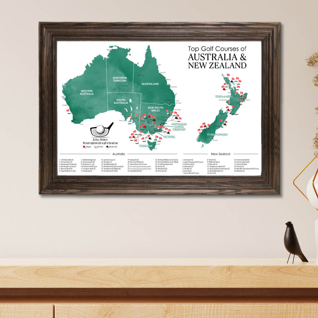 Top Golf Courses of Australia and New Zealand Canvas Push Pin Map in Solid Wood Brown Frame