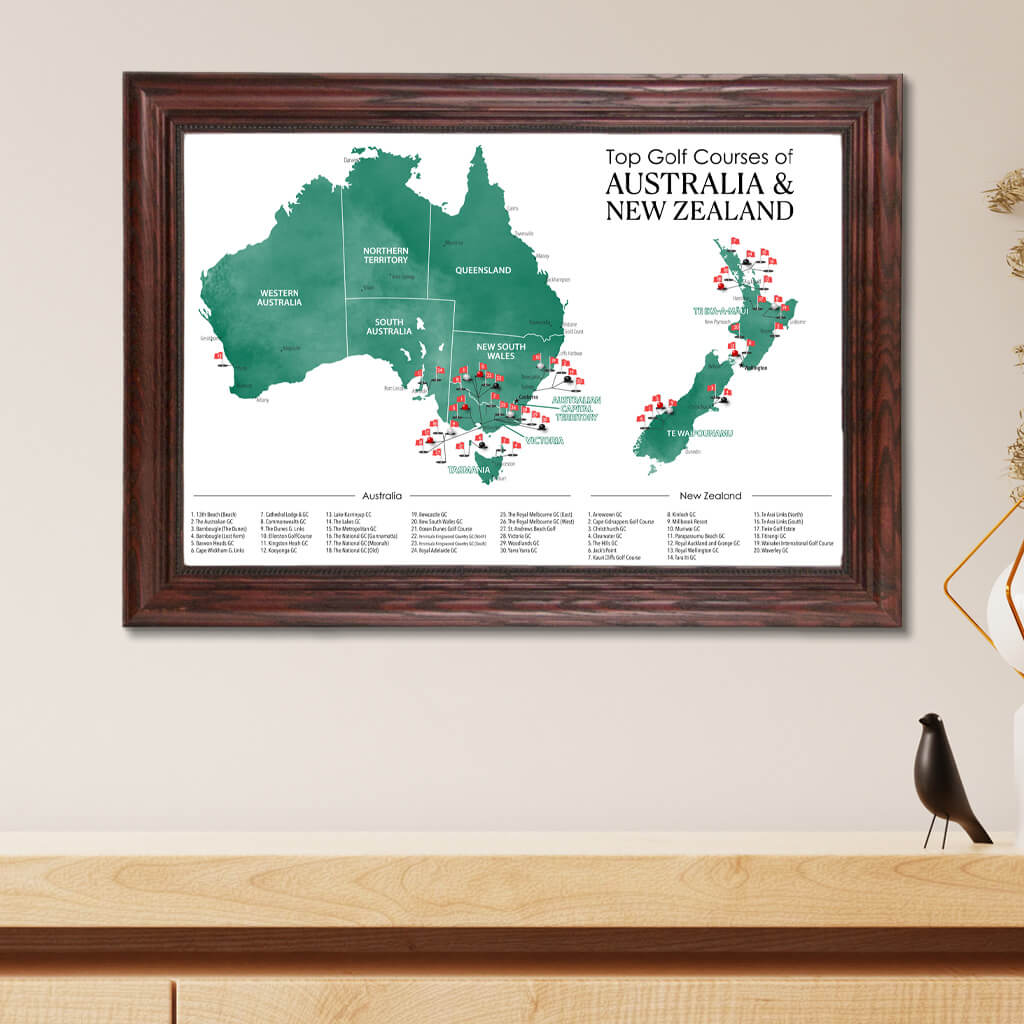 Top Golf Courses of Australia and New Zealand Canvas Push Pin Map in Solid Wood Cherry Frame