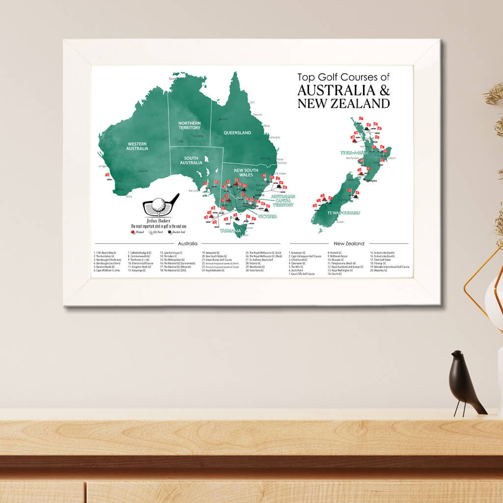 Top Golf Courses of Australia and New Zealand Canvas Push Pin Map in Textured White Frame