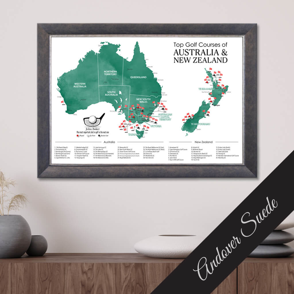 Top Golf Courses of Australia and New Zealand Canvas Push Pin Map in Premium Andover Suede Frame
